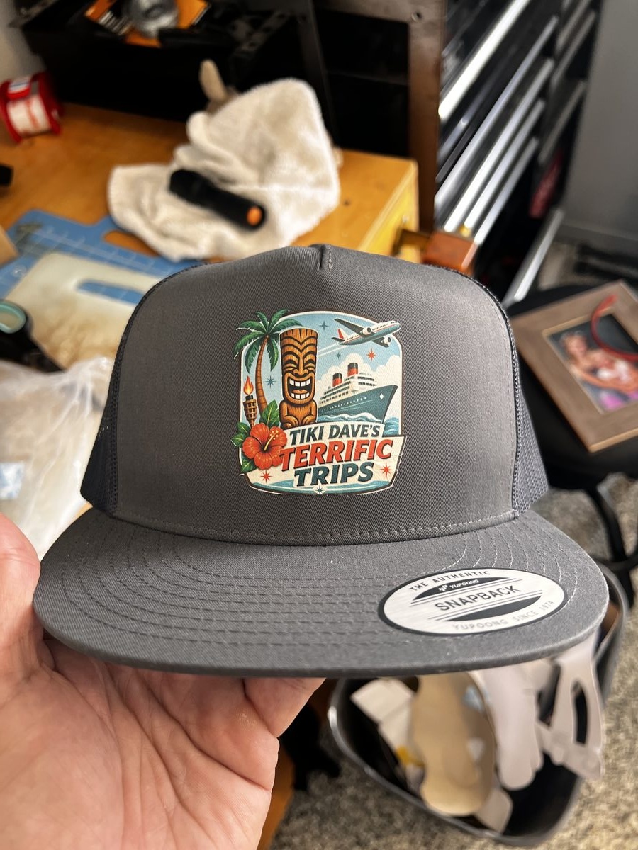 Custom trucker hat with colorful Tiki Dave patch